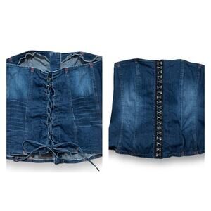 Tripp NYC Denim Sleeveless Corset Tube Top Lace Up Back Hook Front Size XL Y2K